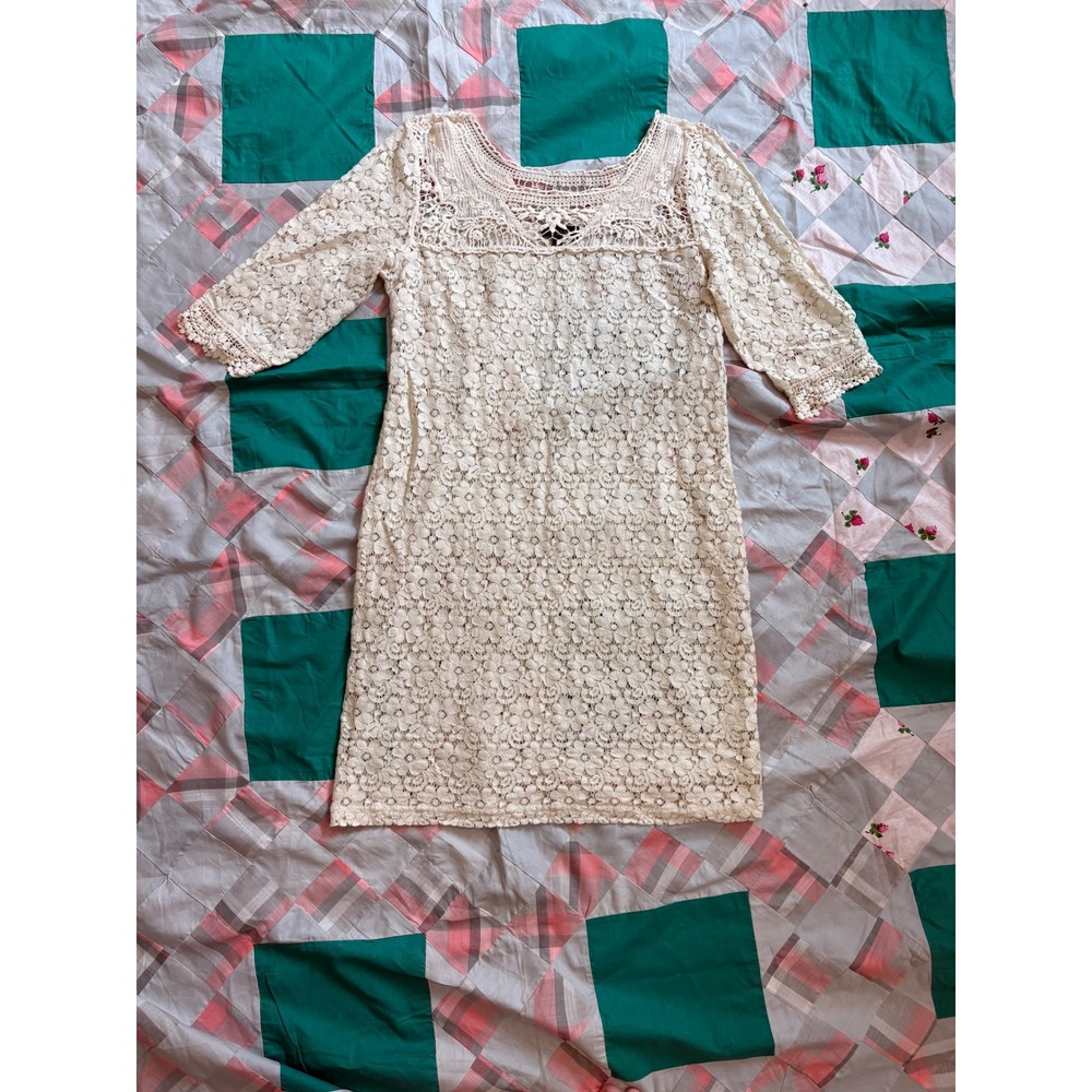 Spense Womens Cream Floral Lace Sheath Dress Crochet Neck 3/4 Sleeve Size 8